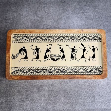 Handcrafted Mango Wood Warli Hand Painted Serving Tray